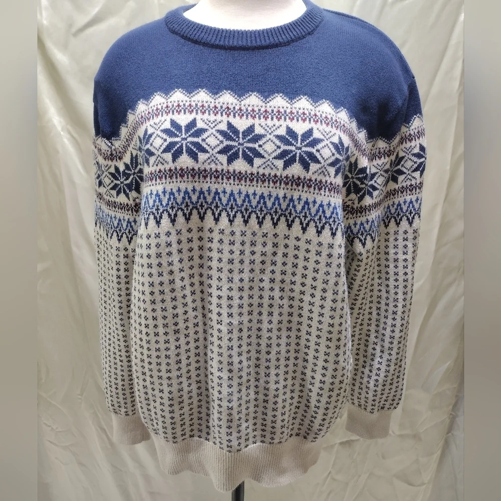 J. Crew Sweater Men's XL Fair Isle Cotton Snowflake Skiing Winter Blue BL173